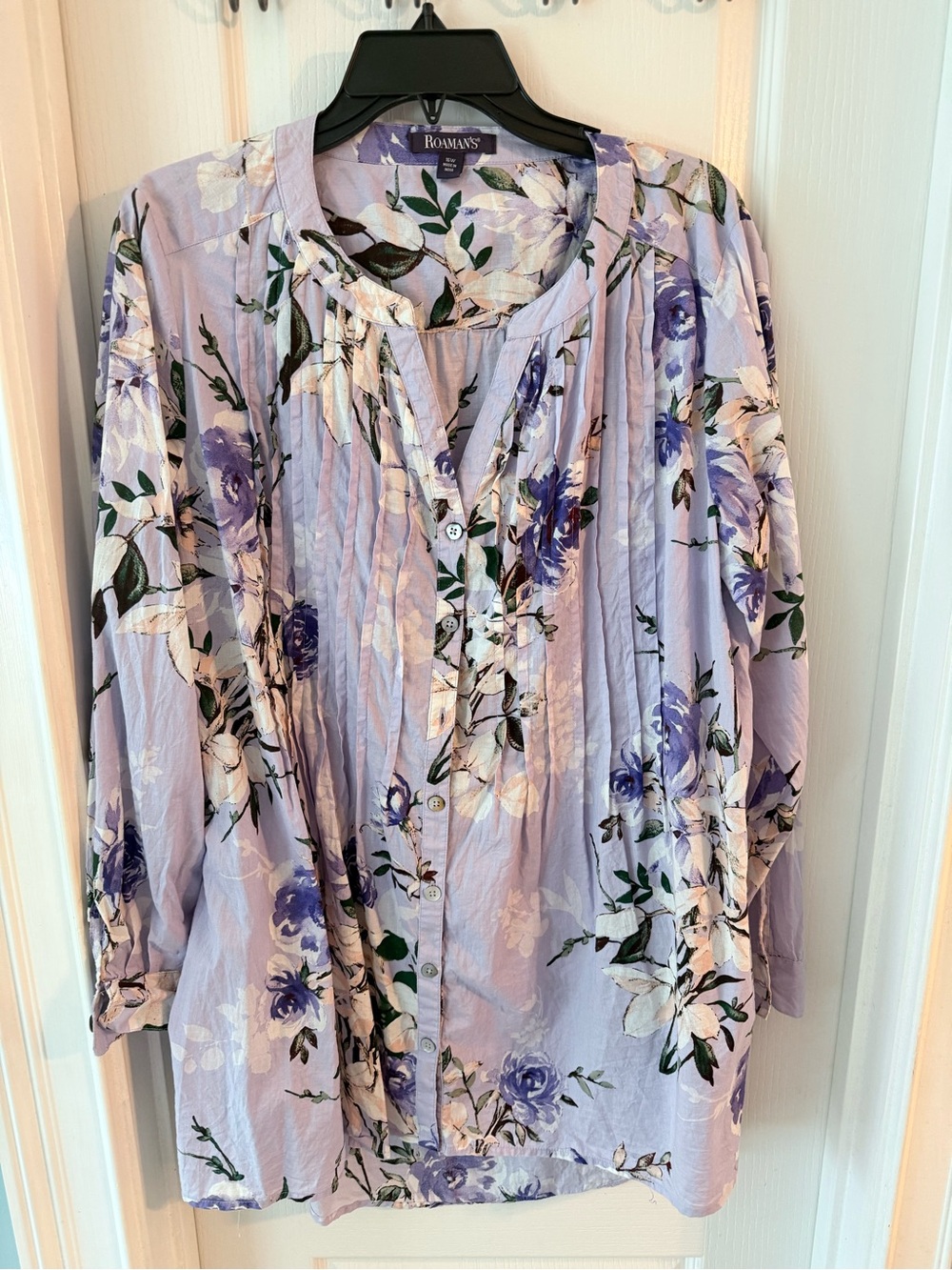 Roaman's Lavender and White Floral Button-Front Blouse